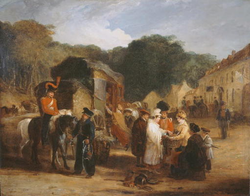 The Village of Waterloo, with travellers purchasing the relics that were found in the field of battl van George Jones