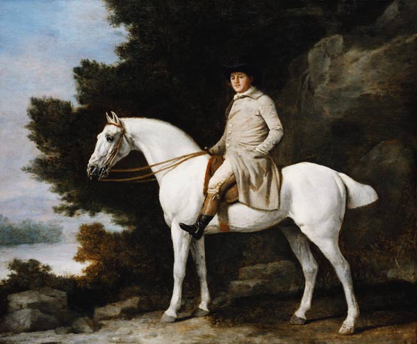 A Gentleman on a Grey Horse in a Rocky Wooded Landscape van George Stubbs