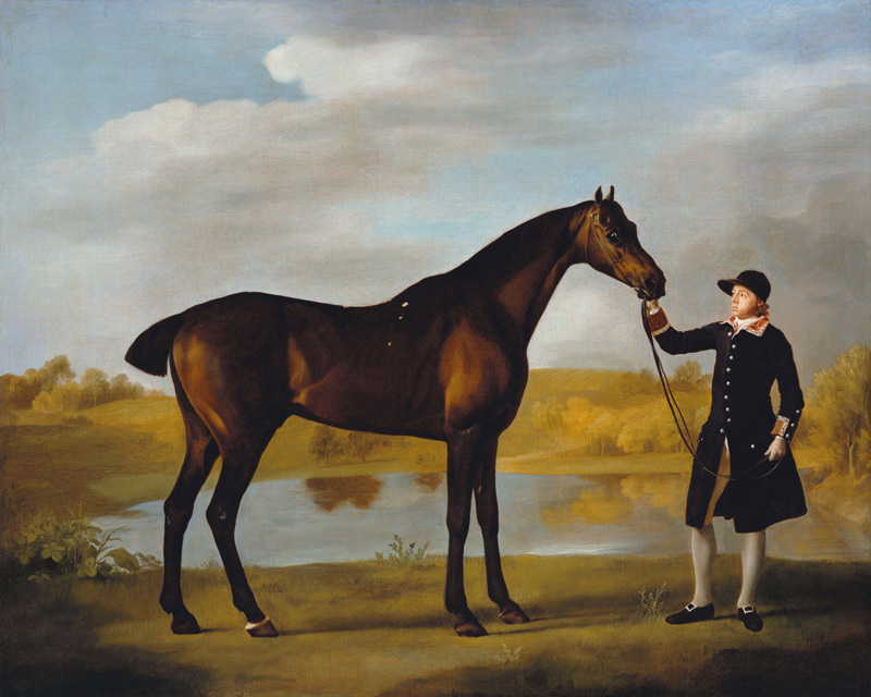 The Duke of Marlborough''s (?) Bay Hunter, with a Groom in Livery in a Lake Landscape van George Stubbs