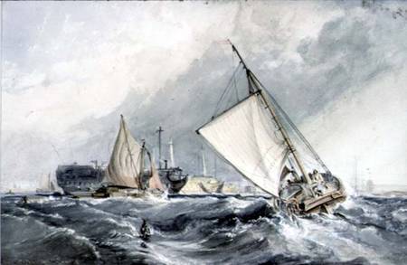 Old Men-of-War at Anchor: boats in a Gale van George the Elder Chambers