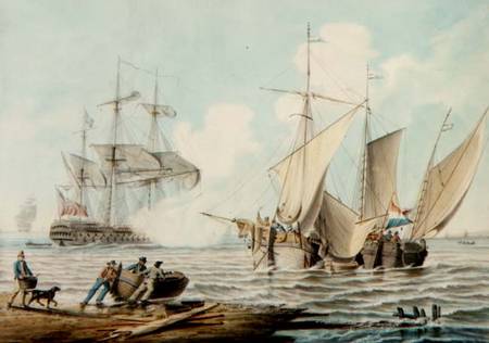 Dutch Pinks and a British Man-o'-War off a Coastline van George Webster