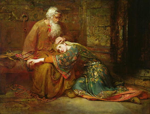 Cordelia comforting her father, King Lear, in prison, 1886 (oil on canvas) van George William Joy