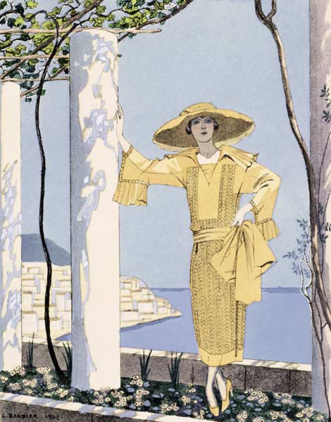 Amalfi, illustration of a woman in a yellow dress by Worth, 1922 (pochoir print) van Georges Barbier