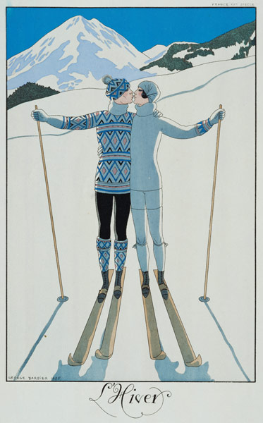 Winter: Lovers in the Snow, fashion plate from 'Twentieth Century France', 1925 (colour litho) van Georges Barbier