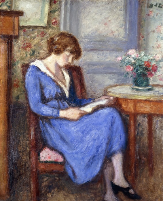 Madame dEspagnat sitting wearing a Blue Dress (Mme dEspagnat Assise a la Robe Bleu). van Georges de Espagnat