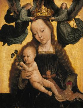 Die Jungfrau mit dem Kinde wird von Engeln gekrönt.