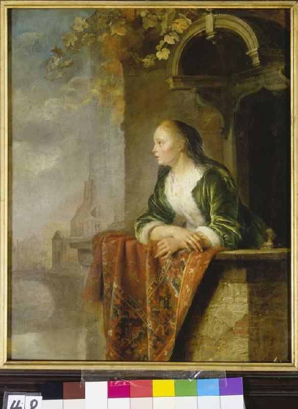Junge Frau auf einem Balkon van Gerard Dou