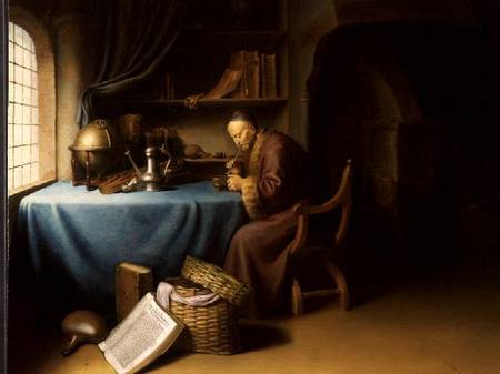 An Old Man Lighting his Pipe in a Study van Gerard Dou