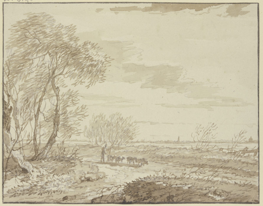 Landschaft mit Fernsicht, links Bäume, auf dem Weg eine Schafherde van Gerard van Nijmegen