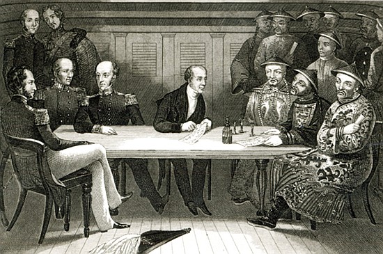 A conference at Chusan between Commodore Bremer and Chang, a Chinese official, on board the HMS Well van German School