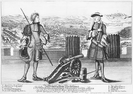 Charles V, Duke of Lorraine and Bar, with an engineer, at the battle of Neuhausel against the Turks  van German School
