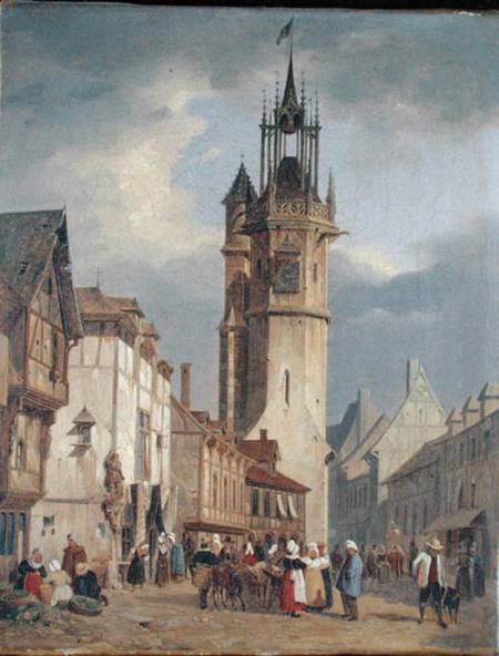 French Town Scene with a Bell Tower van German School