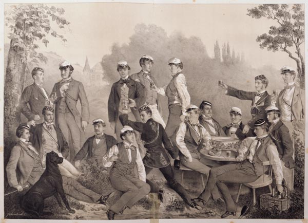 'Mensuren' or Student Members of the Duelling Society on a Outing (litho) van German School