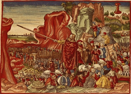Moses parting the Red Sea, image from the Luther Bible (hand coloured print) van German School