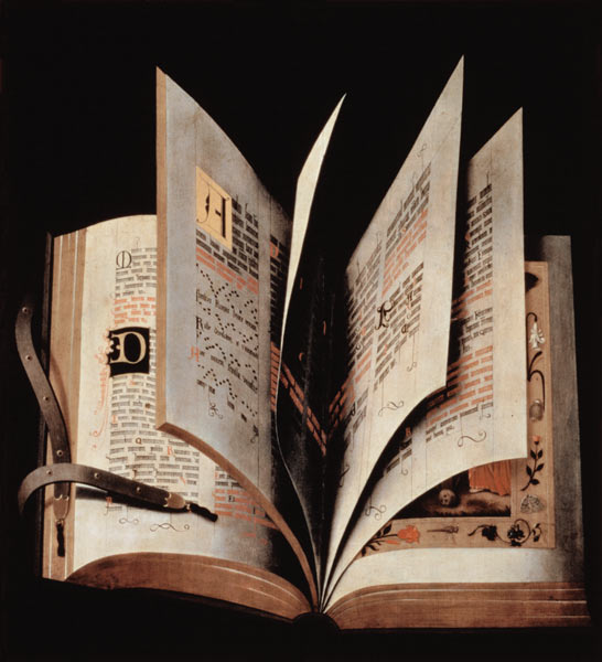 Trompe l'oeil of an open manuscript van German School