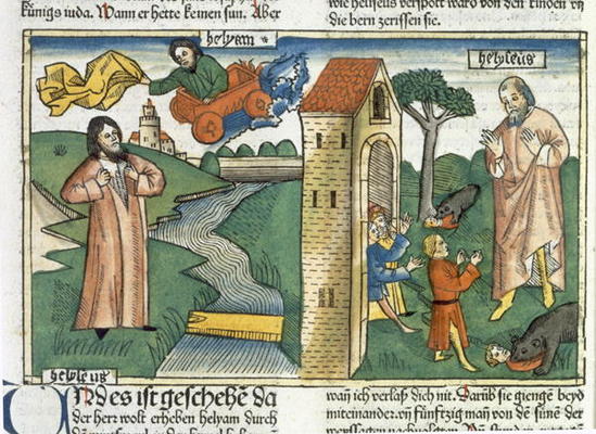 2 Kings 2 1-24 Elijah ascends to Heaven in a whirlwind and the boys who mocked Elisha are eaten by b van German School, (15th century)