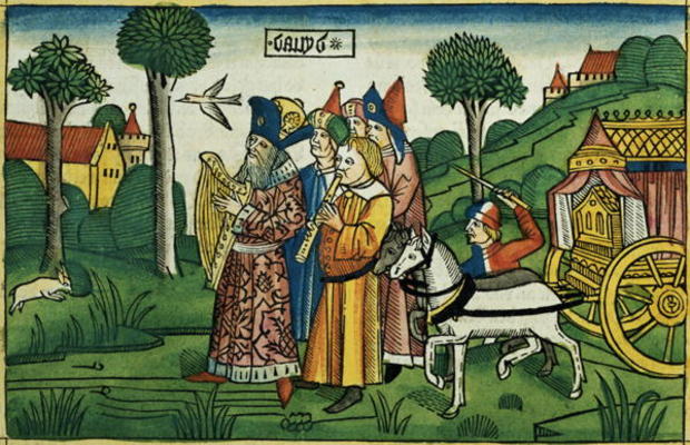 2 Samuel 6 1-5 David brings the Ark to Jerusalem (coloured woodcut) van German School, (15th century)