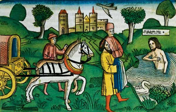 2 Kings 5 14 The cleansing of Naaman (coloured woodcut) van German School, (15th century)