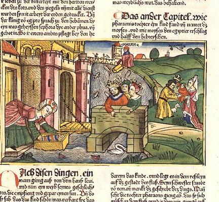 Exodus 2 1-6 Moses being floated down the Nile and discovered by one of Pharaoh's wives (coloured wo van German School, (15th century)