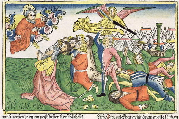Exodus 32 15-23 Moses breaking the stone tablets (coloured woodcut) van German School, (15th century)
