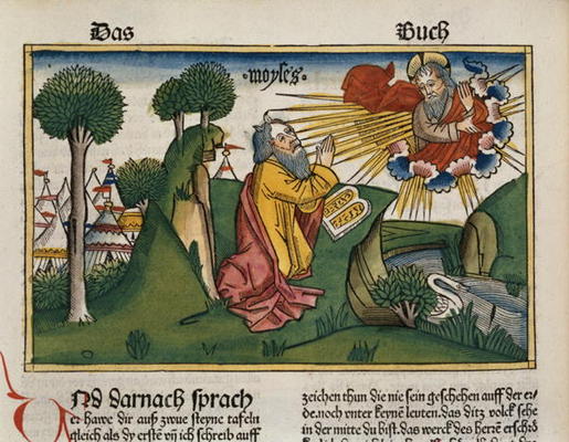 Exodus 34 1-10 Moses receives the second tablets with the Ten Commandments (coloured woodcut) van German School, (15th century)