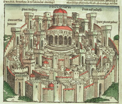 View of the walled city of Jerusalem showing the Temple of Solomon and the city gates, from the Nure van German School, (15th century)