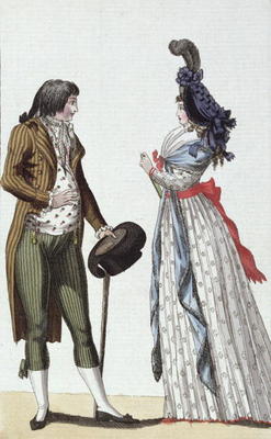 Fashionable couple of the Directoire period (1795-99) (colour engraving) van German School, (18th century)