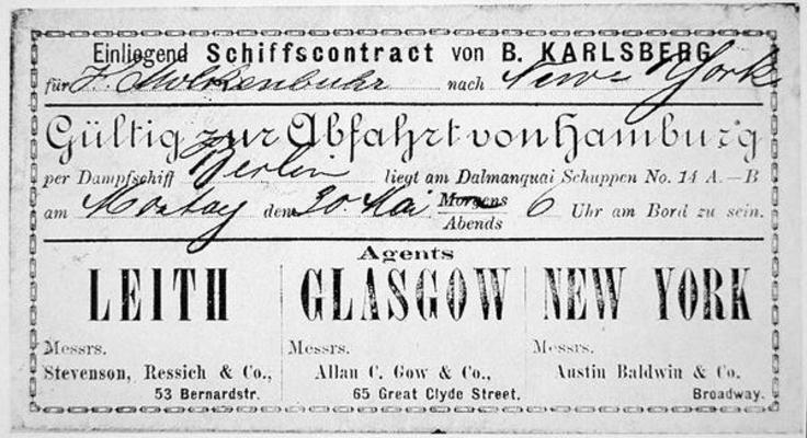 A German immigrant ship's contract & boarding card for New York, issued in Hamburg, 1881 (litho) van German School, (19th century)