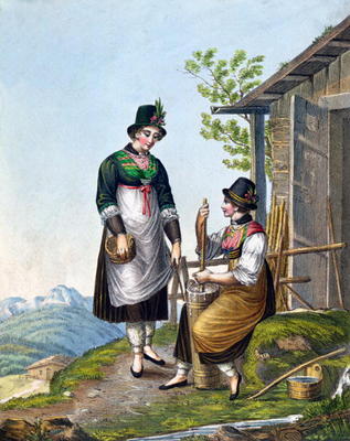 Dairymaids in the Alps near Tegernsee, early 19th century (colour engraving) van German School, (19th century)