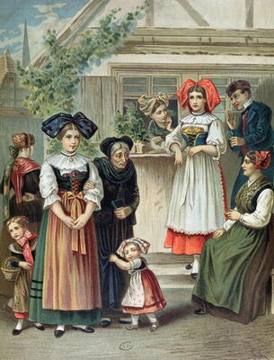 Traditional costumes of the Strasbourg region, c. 1870-80 (colour litho) van German School, (19th century)