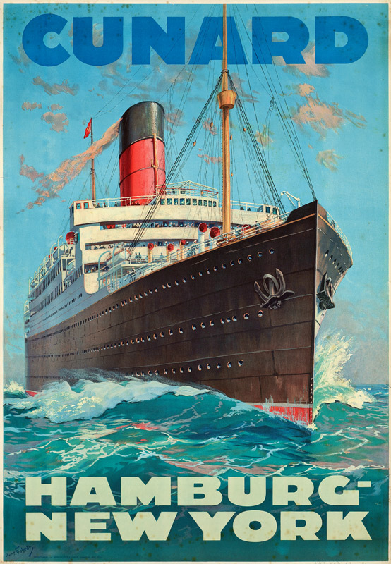 Poster advertising travel between Hamburg and New York with the shipping company Cunard van German School, (20th century)