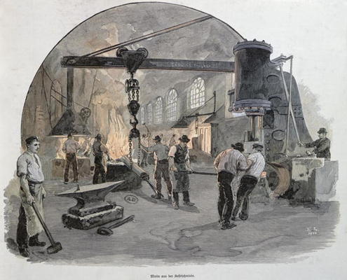 Forges at the Imperial Engineering Works at Kiel (colour engraving) van German School, (20th century)