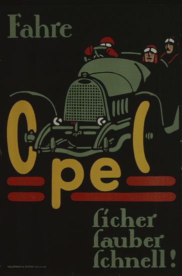 German advertisement for Opel car manufacturer, printed by Hollerbaum und Schmidt, Berlin van German School, (20th century)