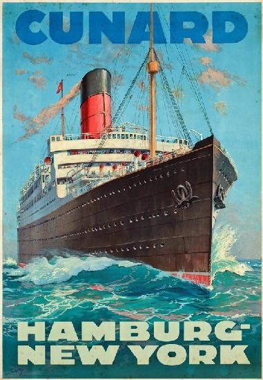 Poster advertising travel between Hamburg and New York with the shipping company Cunard