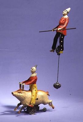 Clown on mechanical pig and tightrope walker, c.1900