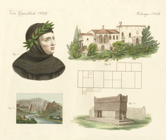 Petrarca, His flat in Arqua, His tomb together with a view of Vaucluse van German School, (19th century)