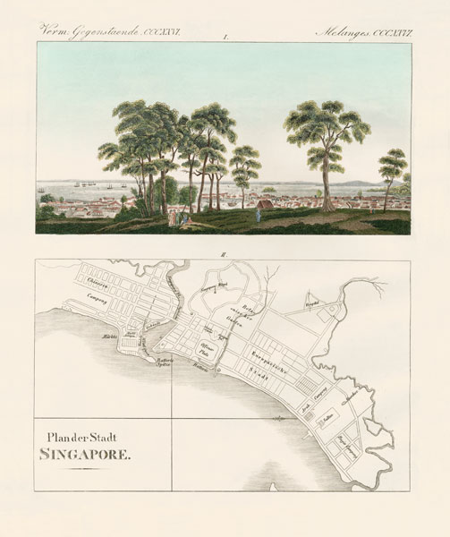 View and map of the East Indian establishment Singapore van German School, (19th century)