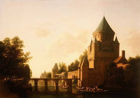 Evening View of the Kleine Houtpoort in Haarlem (panel) van Gerrit Adriaensz Berckheyde