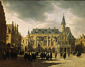 De markt en het stadhuis van Haarlem  van Gerrit Adriaensz Berckheyde