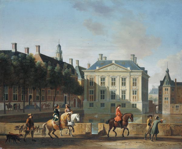 Het Mauritshuis vanaf de Langevijverburg, Den Haag, met op de voorgrond het havikengezelschap van Gerrit Adriaensz Berckheyde