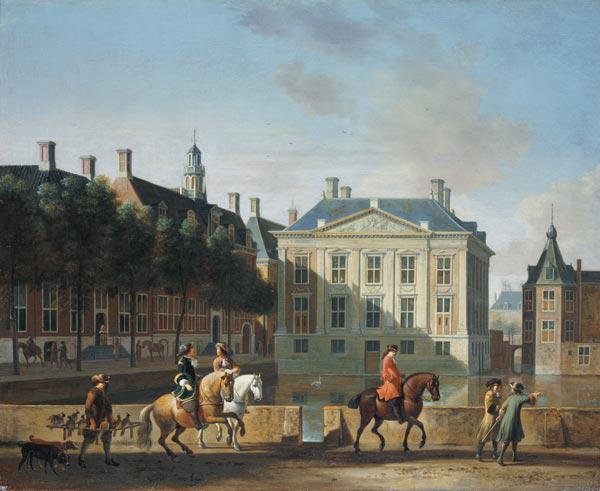 Het Mauritshuis vanaf de Langevijverburg, Den Haag, met op de voorgrond het havikengezelschap