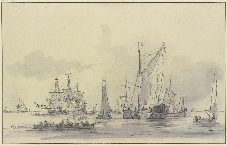 Viele Schiffe bei ruhiger See, links vorn zwei Ruderboote van Gerrit Groenewegen
