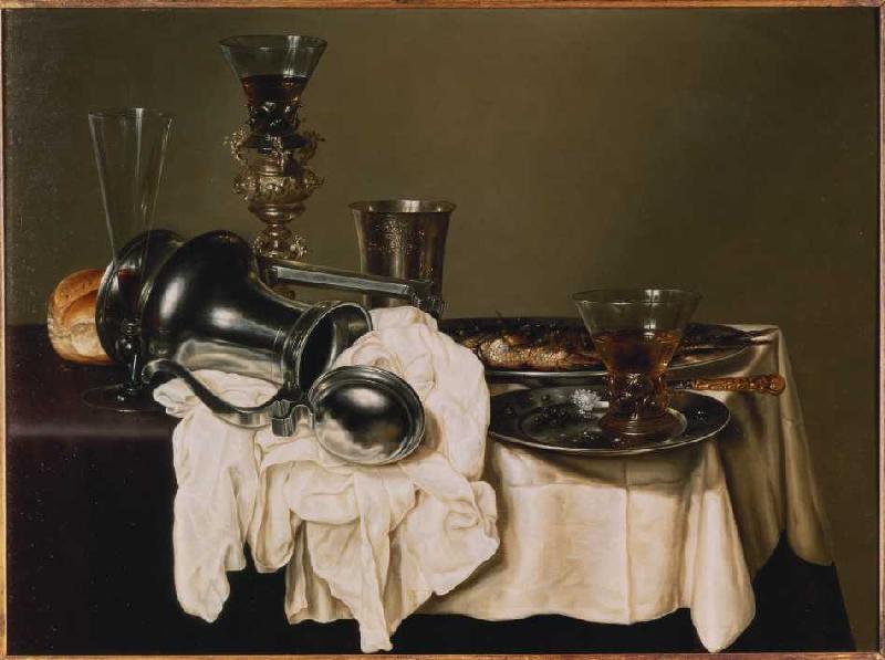 Stilleven met een zilveren kelk, tinnen borden en een wijnglas - Gerrit Heda van Gerrit Willemsz. Heda