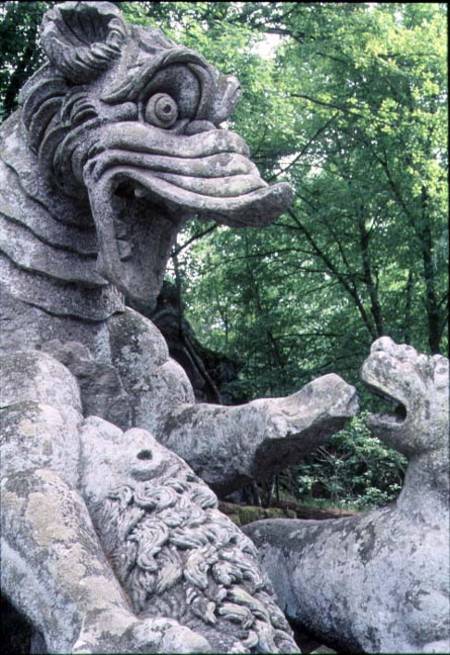 Monsters fighting, stone sculpture in the Parco dei Mostri (Monster Park), gardens laid out between van Giacomo Barozzi  da Vignola
