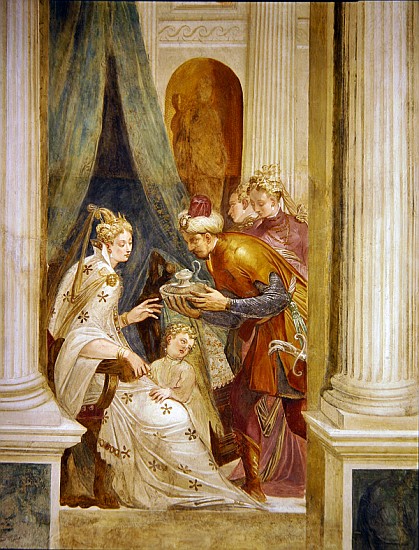 Right hand wall depicting Sophonisba with her child receiving the next pot of poison van Giambattista Zelotti