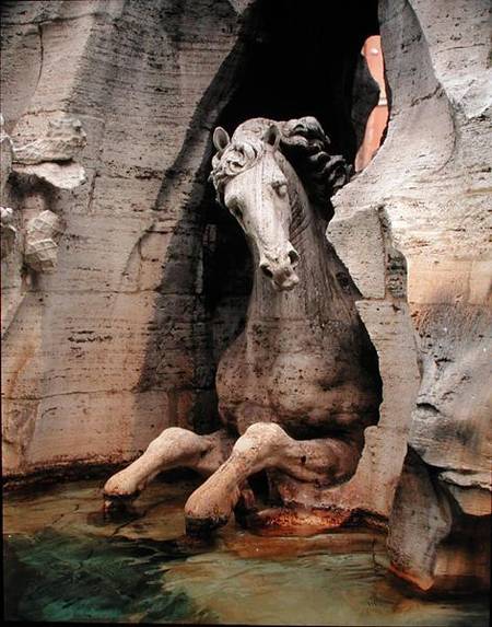 The Fountain of the Four Rivers, detail of a horse, 1648-51 (granite, marble & travertine) van Gianlorenzo Bernini
