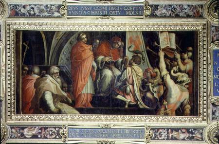 Clement IV (1265-68) delivering arms to the leaders of the Guelph party from the ceiling of the Salo van Giorgio Vasari