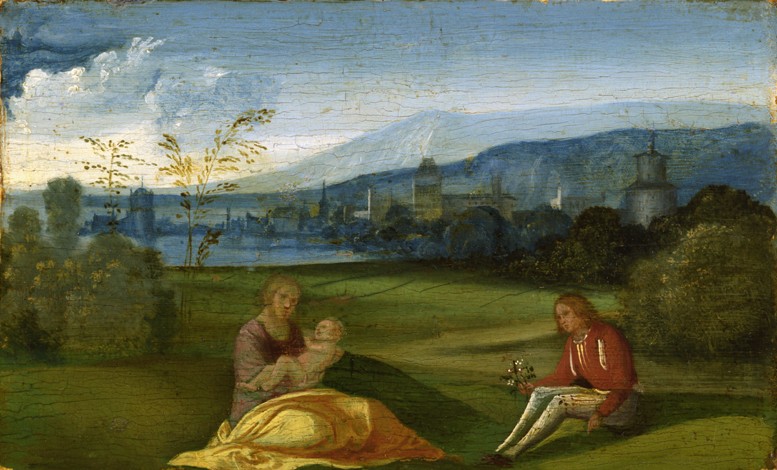Idyllic pastoral landscape van Giorgione