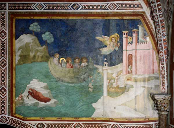 Die Landung der Heiligen Maximin, Lazarus, Cedonius und Maria Magdalena in Marseille van Giotto (Schule)