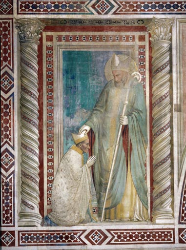 Der hl. Rufinus setzt dem Bischof Teobaldo Pontano die Mitra auf das Haupt van Giotto (Schule)